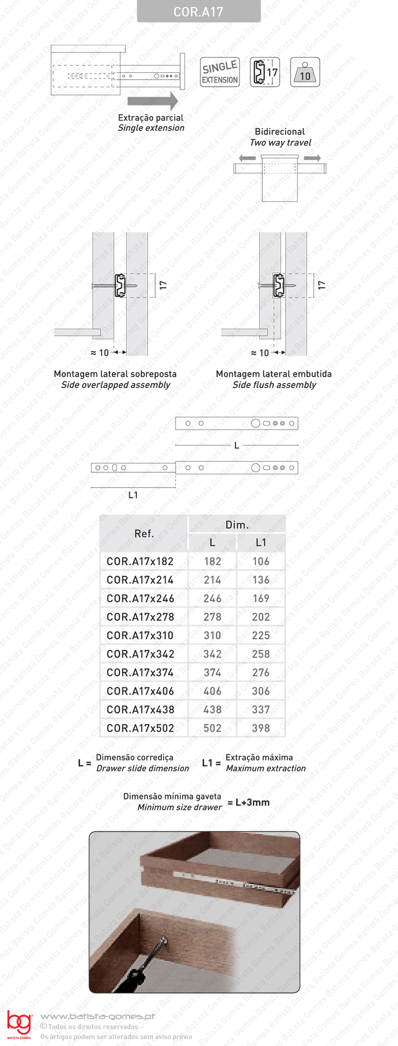 Corredi�as com esferas A17 para gavetas / Extra��o parcial / 10Kg (par)